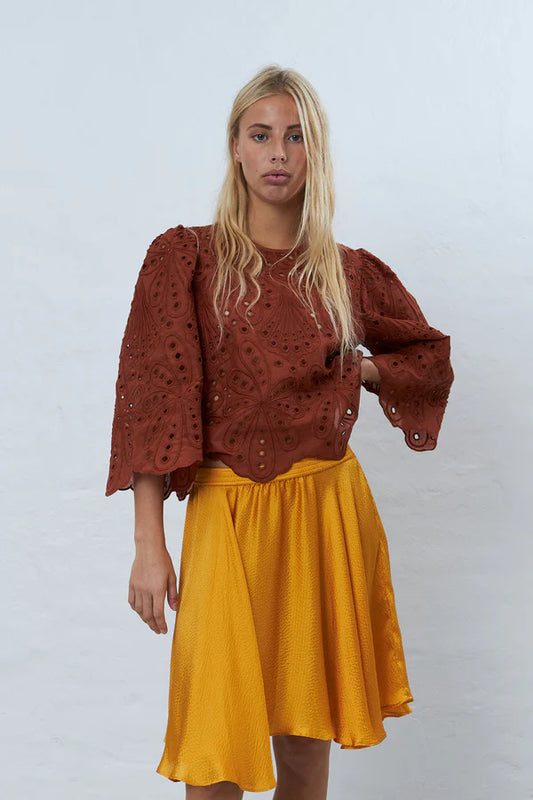 Crisp Delicate Embroidered cotton blouse Brown